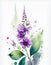 Vibrant watercolor of a purple flower with green leaves and artistic splashes