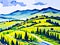 A Vibrant Watercolor Tapestry of Tuscan Vineyards and Cypress trees