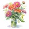 Vibrant Watercolor Zinnia Bouquet In Vase - Stunning Floral Artwork