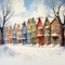 Vibrant watercolors depict whimsical snowy scenes in Canadian cities