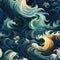 Vibrant waves and moon artwork with nightmarish illustrations (tiled)