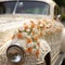 Vibrant wedding car adorned with intricate lace patterns in an elegant art style