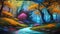 A Vibrant, Whimsical Fantasy Painting Depicting Vibrant Jewel-Toned Colorful Enchanted Fantasy Forest with a River and Lavish