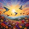 Vibrant and Whimsical Landscape with Wildflowers and Colorful Birds