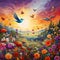 Vibrant and Whimsical Landscape with Wildflowers and Colorful Birds