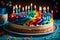 A vibrant and whimsical photograph of a delicious birthday cake adorned with rainbow icing, colorful sprinkles,