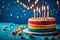 A vibrant and whimsical photograph of a delicious birthday cake adorned with rainbow icing, colorful sprinkles, and the