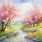 Vibrant and Whimsical Watercolor Painting of Spring Blossoms