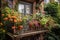 a vibrant window garden overflowing with blooms, complemented by a wooden balcony railing