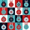 Vibrant winter snowflakes checked seamless pattern with red, blue and white squares and christmas balls