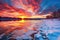 vibrant winter sunset over a frozen lake