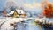 Vibrant Winter Water Painting: Colorful Pixel-art With Streamside House