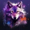 Vibrant Wolf Painting In Purple And Cyan With Detailed Background Elements