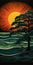 Vibrant Woodcut-inspired Sunset Tree Painting On Beach