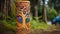 A vibrant wooden vase. A tree trunk with intricate carvings.