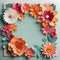 A vibrant wreath composed of paper cutout flowers and leaves