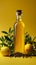 Vibrant yellow backdrop complements a bottle of olive oil with aromatic spices