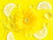 Vibrant yellow lemon citrus slice background with ice cubes, flowers