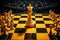 Vibrant yellow setting frames the chessboard and its pieces elegantly