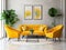 Vibrant yellow sofa and armchairs in room with white wall. Art deco interior design of modern living room