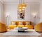 Vibrant yellow sofa and armchairs in room with white wall. Art deco interior design of modern living room. Created with generative