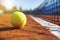 Vibrant yellow tennis ball, captured in a dynamic close-up, bounces energetically on the green court