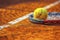 Vibrant yellow tennis ball, captured in a dynamic close-up, bounces energetically on the green court