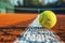 Vibrant yellow tennis ball, captured in a dynamic close-up, bounces energetically on the green court