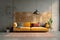 Vibrant yellow velvet sofa against of concrete wall with matte b
