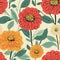 Vibrant Zinnia Pattern With Mid-century Illustration Style