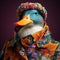 Vibrantly Surreal Duck Portrait With Flowery Jacket And Hat