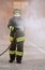 Vicenza, VI, Italy - May 10, 2018: italian fireman uses the hydr