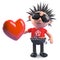 Vicious cartoon punk holding a romantic red heart, 3d illustration