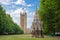 Victoria Tower (Houses of Parliament) and Buxton Memorial Fountain shot from Victoria Tower Gardens, London, UK