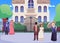 Victorian era people and building, flat vector illustration.