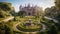 Victorian Estate amidst Serene Gardens. Fantasy Victorian Mansion With Majestic Garden. Generative AI