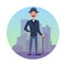 Victorian gentleman in circle skyline icon, flat cartoon vector illustration