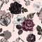 Victorian gothic style seamless pattern with watercolor red, black and burgundy roses, vintage key and padlock on pink background