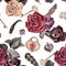 Victorian gothic style seamless pattern with watercolor red and burgundy roses, vintage key, feathers on white background