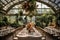 Victorian greenhouse hosts a romantic dinner surrounded by lush greenery. AI Generated