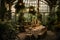 Victorian greenhouse hosts a romantic dinner surrounded by lush greenery. AI Generated
