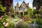 victorian house with lush garden and trellis, surrounded by blooming flowers