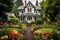 a victorian house with a lush, well-maintained garden in the front yard