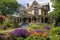 victorian house with wraparound porch, surrounded by colorful flowers