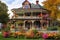 victorian house with wraparound porch, surrounded by colorful flowers