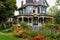 victorian house with wraparound porch, surrounded by colorful flowers