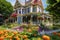 victorian house with wraparound porch, surrounded by colorful flowers