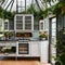 A Victorian-inspired greenhouse kitchen with an antique stove, floral wallpaper, and a conservatory dining area1, Generative AI