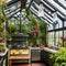A Victorian-inspired greenhouse kitchen with an antique stove, floral wallpaper, and a conservatory dining area2, Generative AI