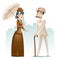 Victorian Lady and Gentleman Wealthy Cartoon Characters Icons on Stylish English City Background Retro Vintage Great